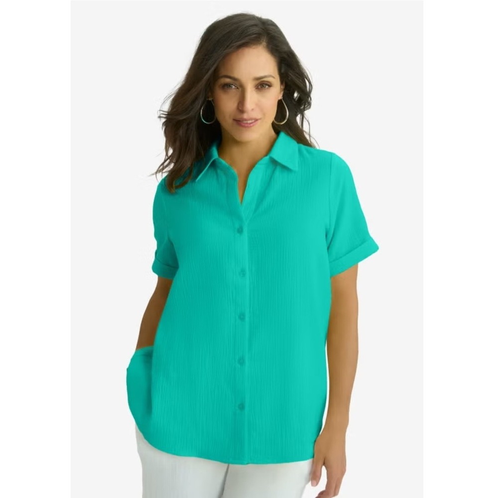 Jessica‎ London Gauze Camp Shirt 93046 Women's 16W Aqua Sea Green 100% Cotton